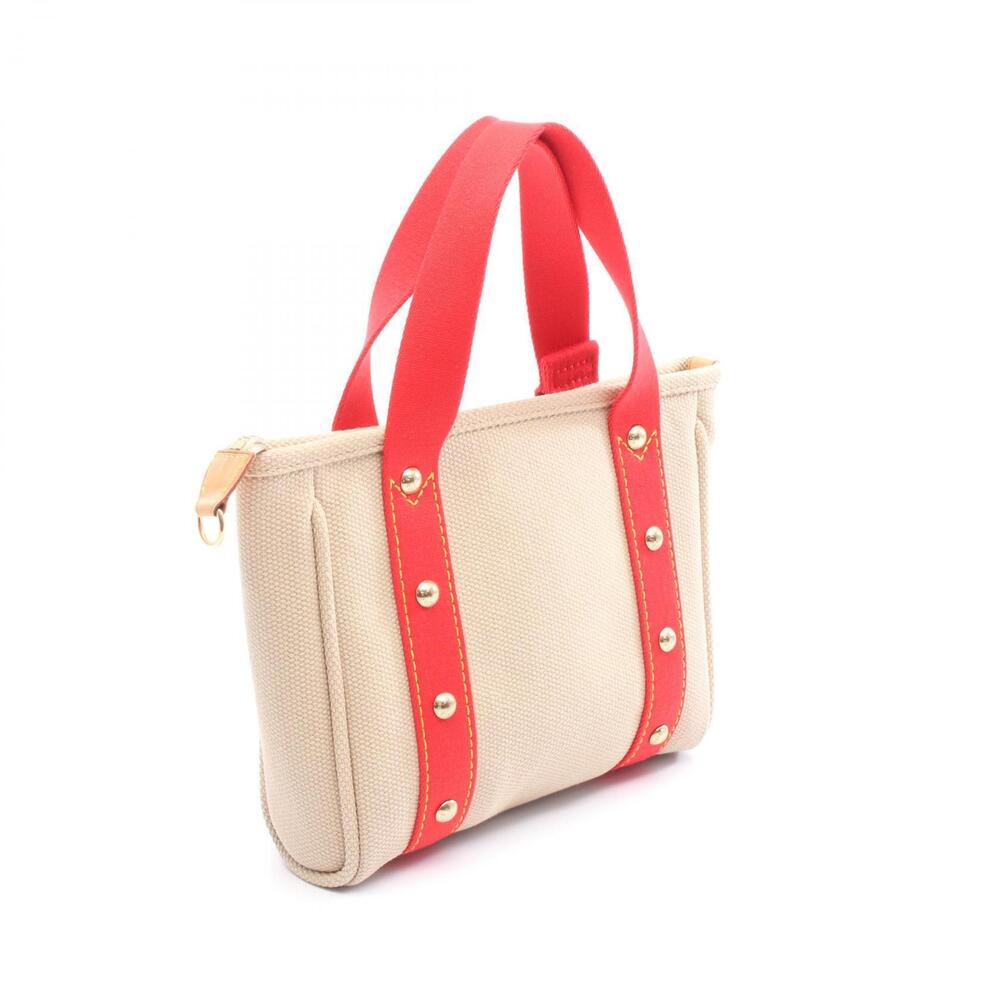 Louis Vuitton Red Leather Tote Bag Antigua Canvas Cabas Beige - Picture 2 of 6